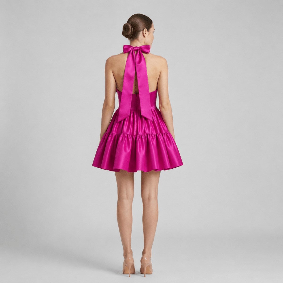 Satin Halter Mini Dress – Tiered Skirt Bow Back A-Line