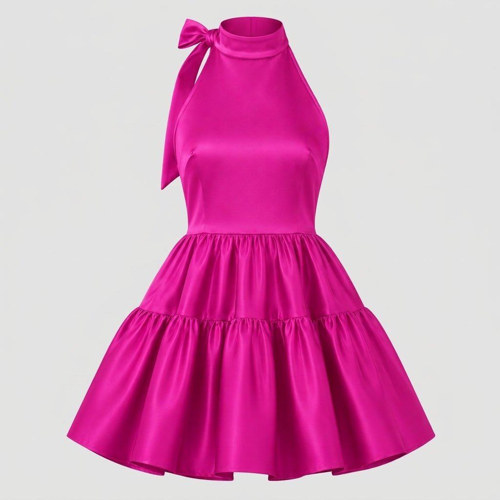 Satin Halter Mini Dress – Tiered Skirt Bow Back A-Line