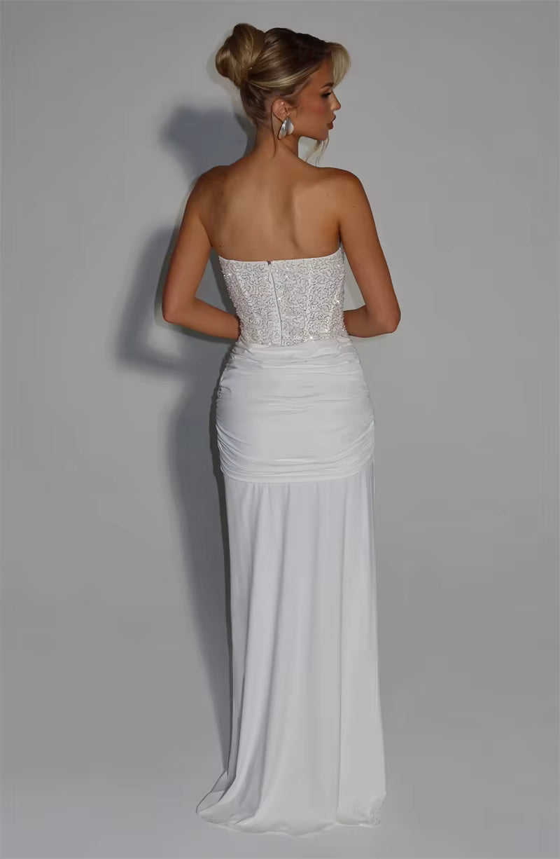 Sequin Corset Strapless Maxi Dress – Ruched Formal Evening Gown
