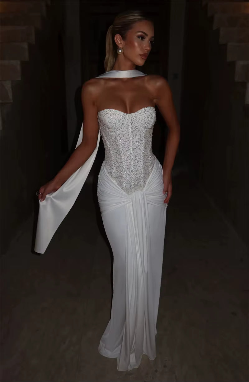 Sequin Corset Strapless Maxi Dress – Ruched Formal Evening Gown