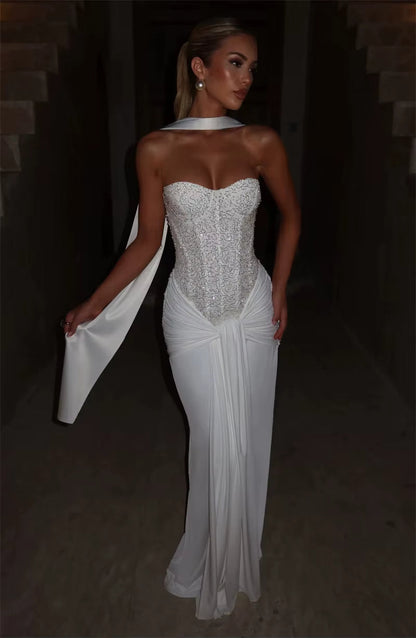 Sequin Corset Strapless Maxi Dress – Ruched Formal Evening Gown