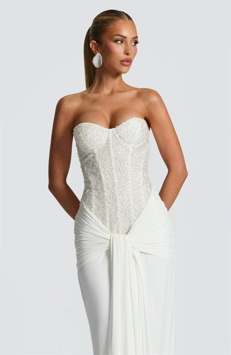 Sequin Corset Strapless Maxi Dress – Ruched Formal Evening Gown