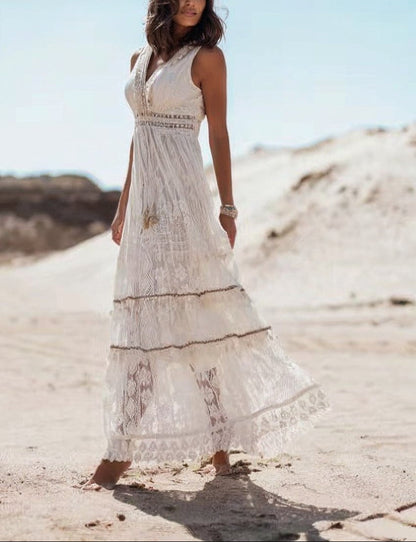 Lace Boho Maxi Dress – Sleeveless V-Neck High-Low Beach Dress