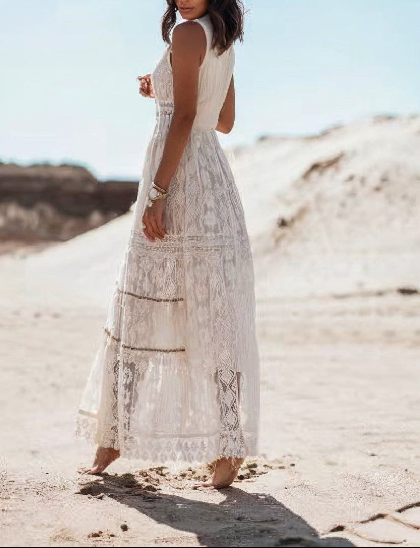 Lace Boho Maxi Dress – Sleeveless V-Neck High-Low Beach Dress