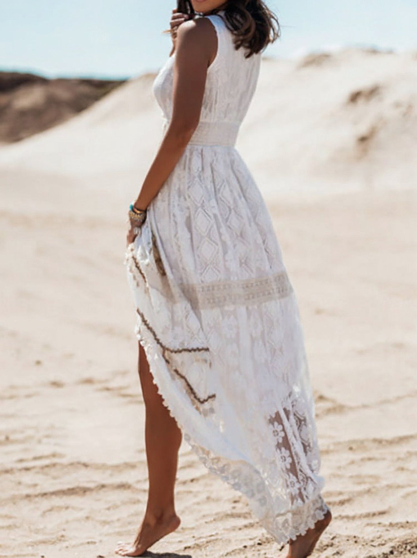 Lace Boho Maxi Dress – Sleeveless V-Neck High-Low Beach Dress