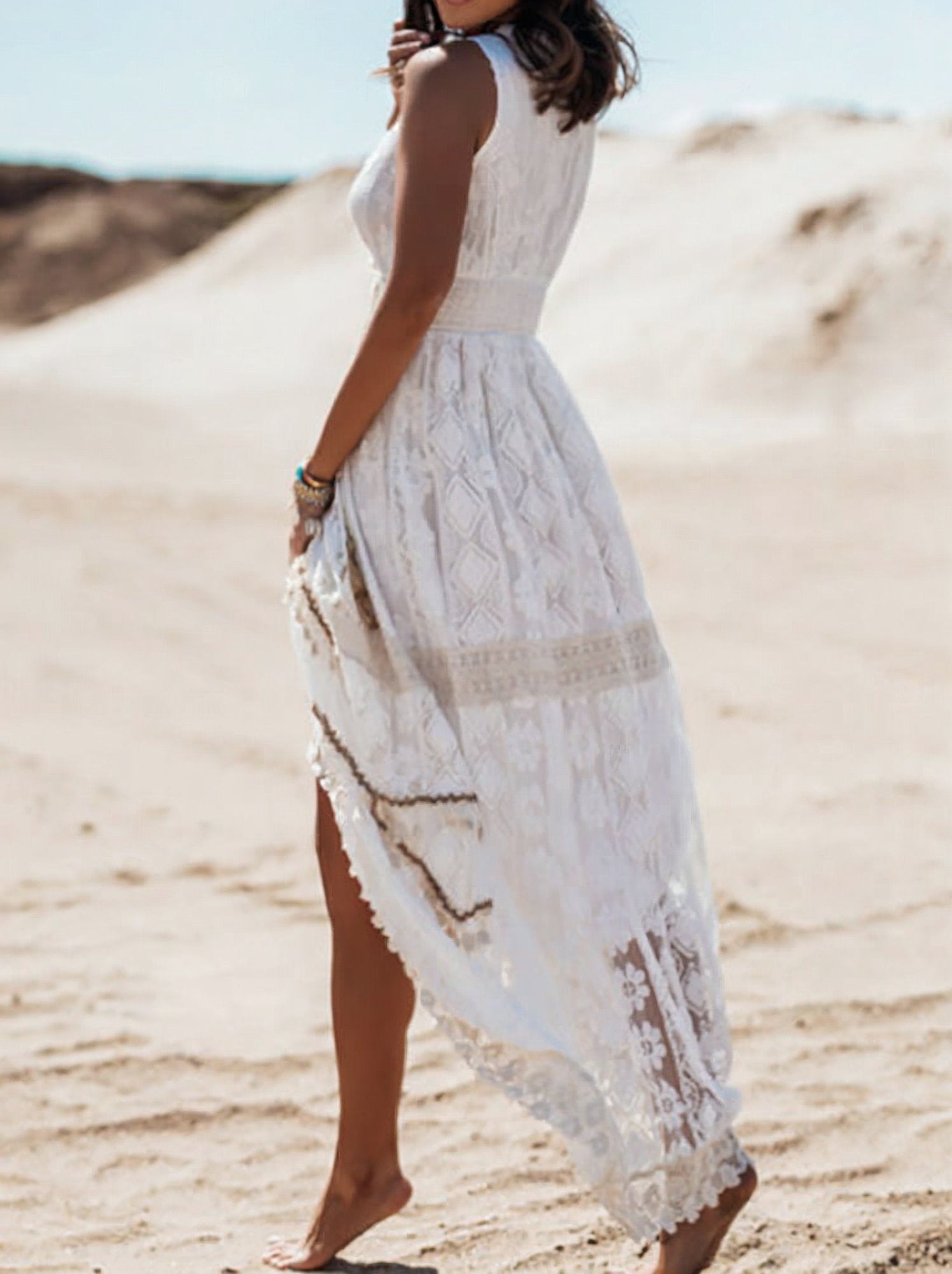 Lace Boho Maxi Dress – Sleeveless V-Neck High-Low Beach Dress