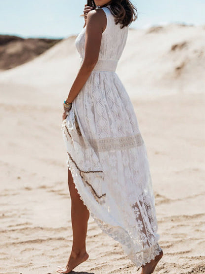 Lace Boho Maxi Dress – Sleeveless V-Neck High-Low Beach Dress