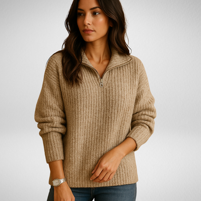 Half-Zip Ribbed Knit Sweater – Women's Relaxed Pullover