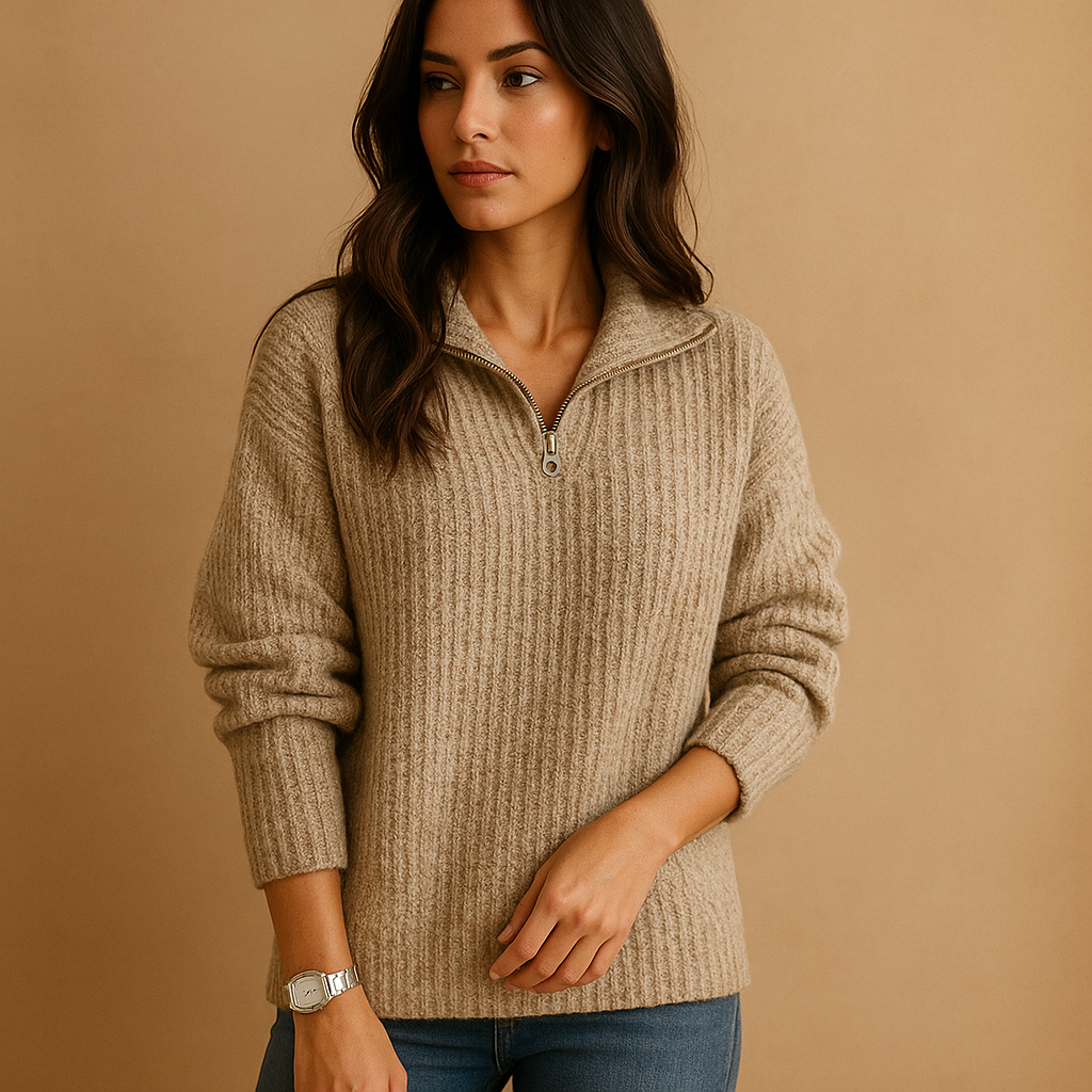 Half-Zip Ribbed Knit Sweater – Women's Relaxed Pullover