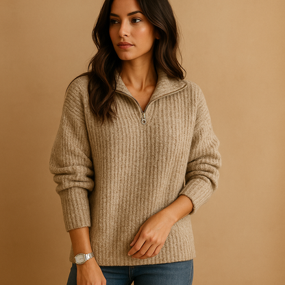 Half-Zip Ribbed Knit Sweater – Women's Relaxed Pullover