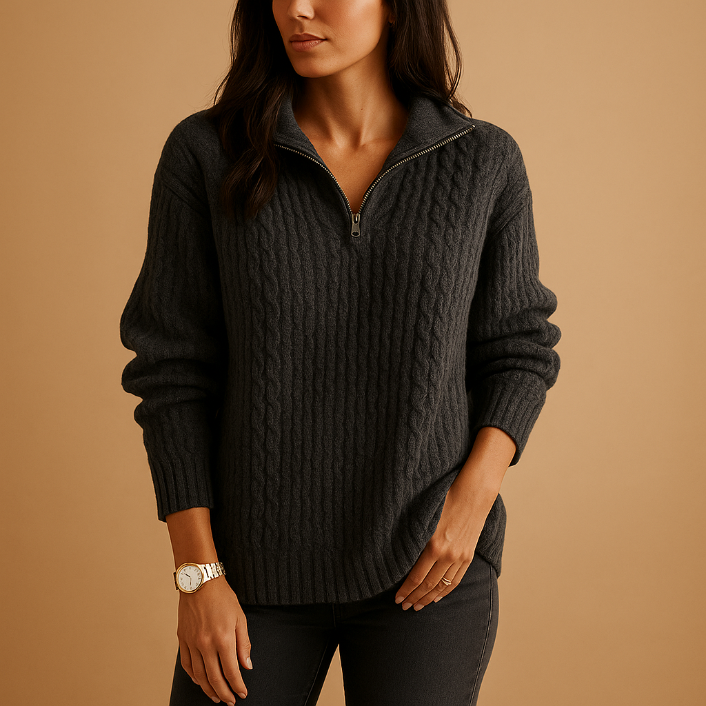Half-Zip Ribbed Knit Sweater – Women's Relaxed Pullover