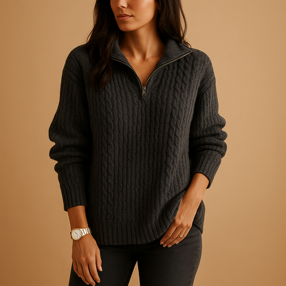 Half-Zip Ribbed Knit Sweater – Women's Relaxed Pullover