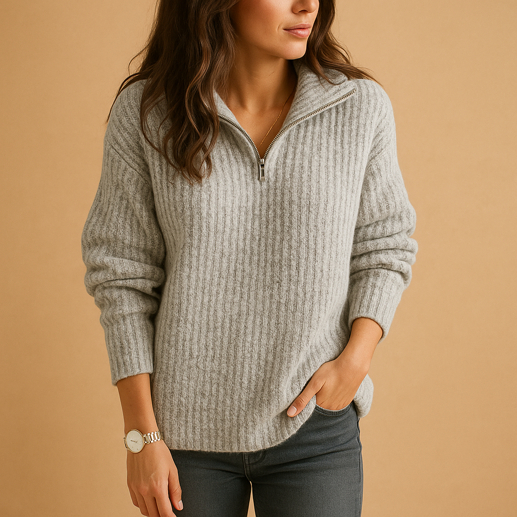 Half-Zip Ribbed Knit Sweater – Women's Relaxed Pullover