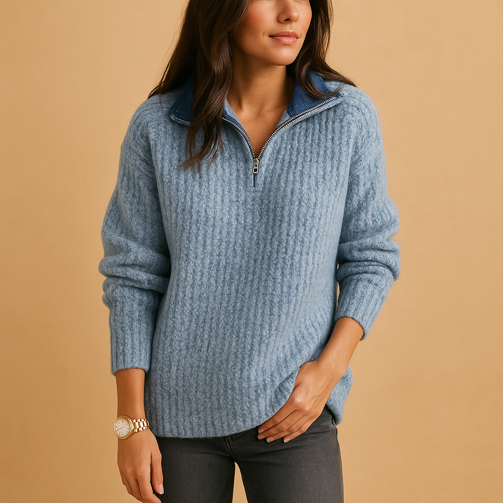 Half-Zip Ribbed Knit Sweater – Women's Relaxed Pullover