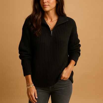 Half-Zip Ribbed Knit Sweater – Women's Relaxed Pullover