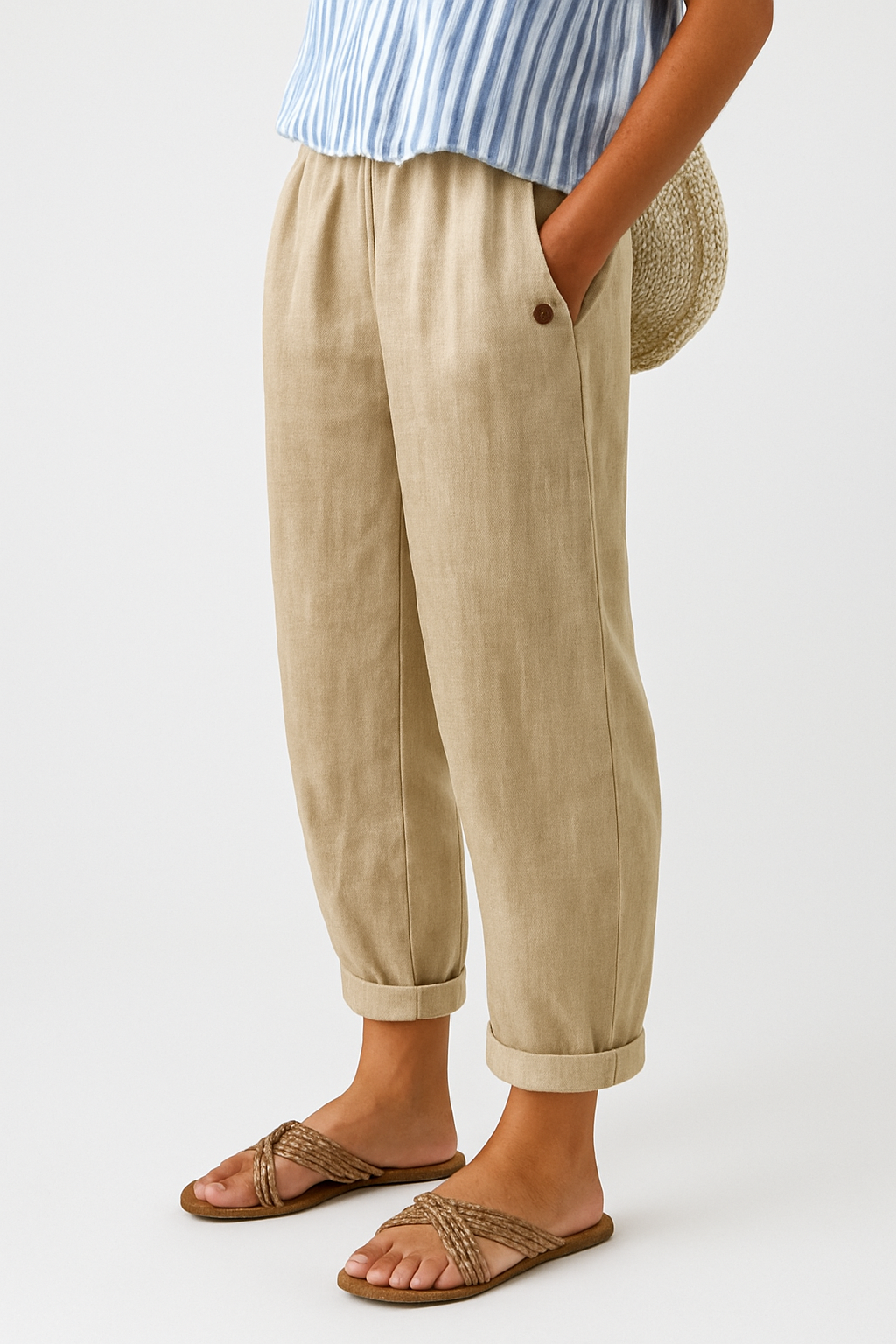 Women's Linen Tapered Cropped Pants – Elastic Waist with Cuffed Hem