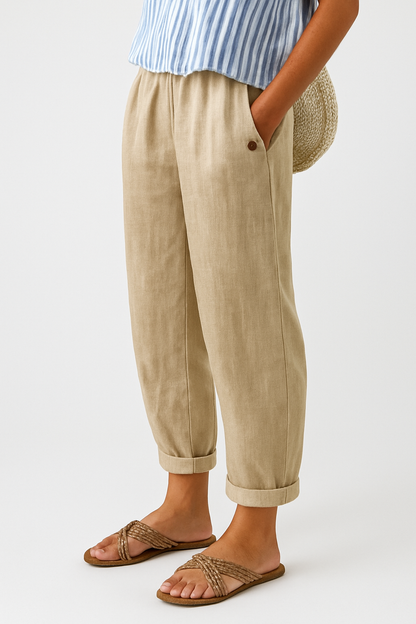 Women's Linen Tapered Cropped Pants – Elastic Waist with Cuffed Hem