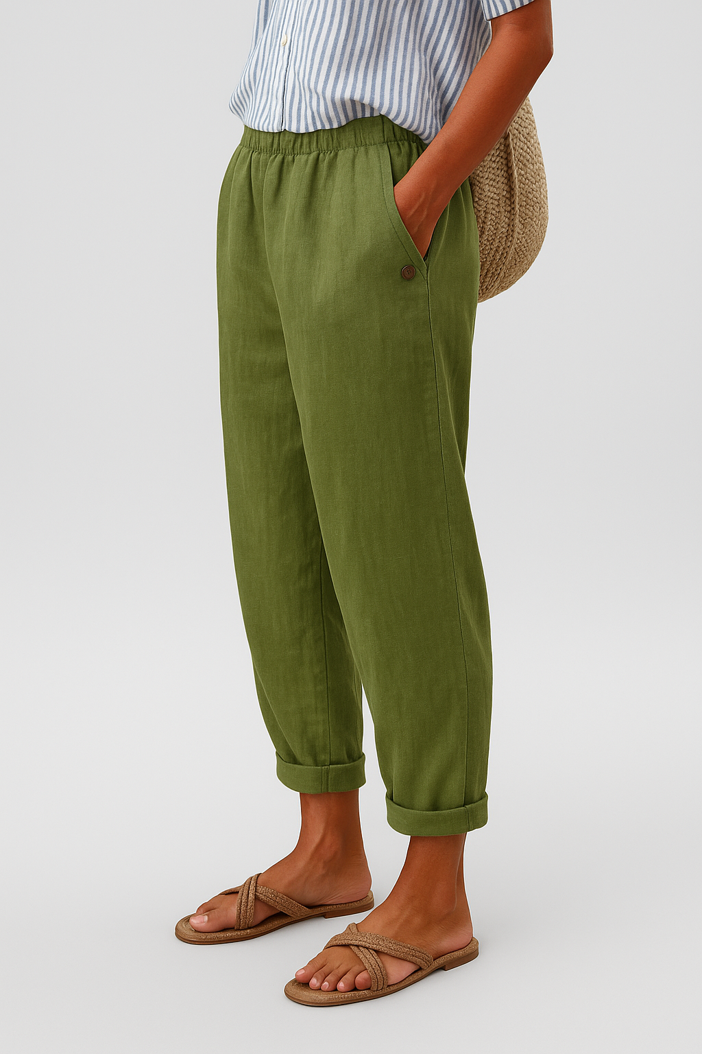 Women's Linen Tapered Cropped Pants – Elastic Waist with Cuffed Hem