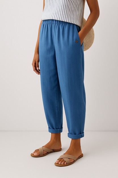 Women's Linen Tapered Cropped Pants – Elastic Waist with Cuffed Hem