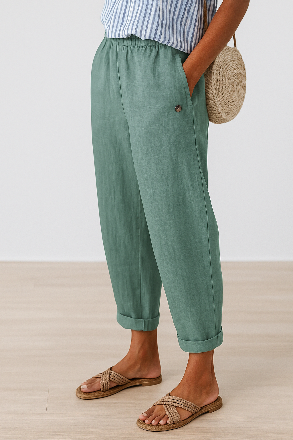 Women's Linen Tapered Cropped Pants – Elastic Waist with Cuffed Hem