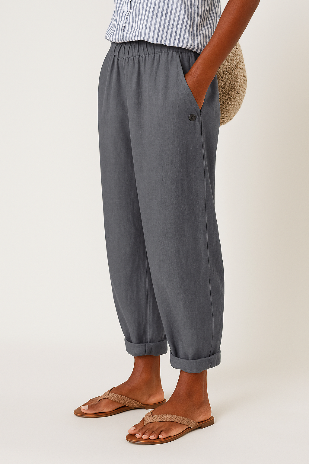 Women's Linen Tapered Cropped Pants – Elastic Waist with Cuffed Hem