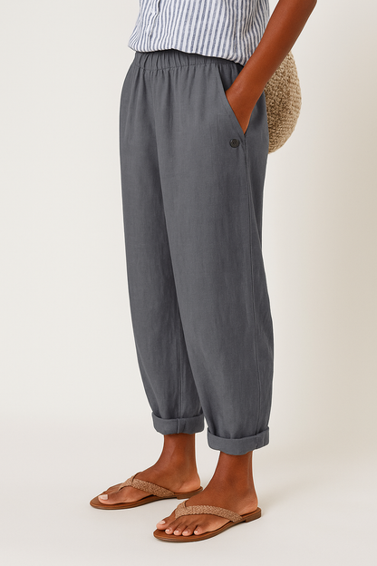 Women's Linen Tapered Cropped Pants – Elastic Waist with Cuffed Hem