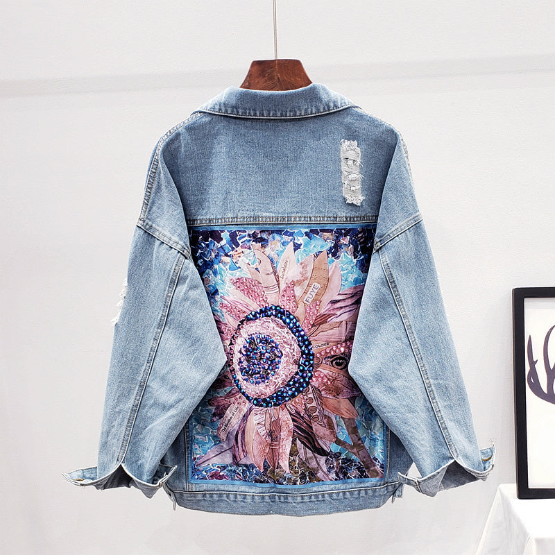 Rhinestone Denim Jacket – Sunflower Back Print Long Sleeve