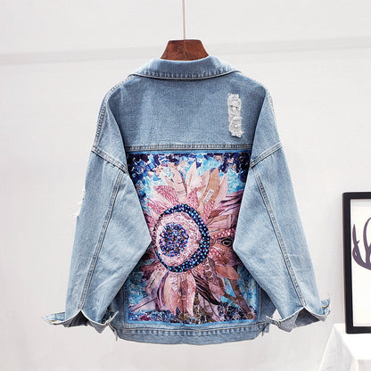 Rhinestone Denim Jacket – Sunflower Back Print Long Sleeve