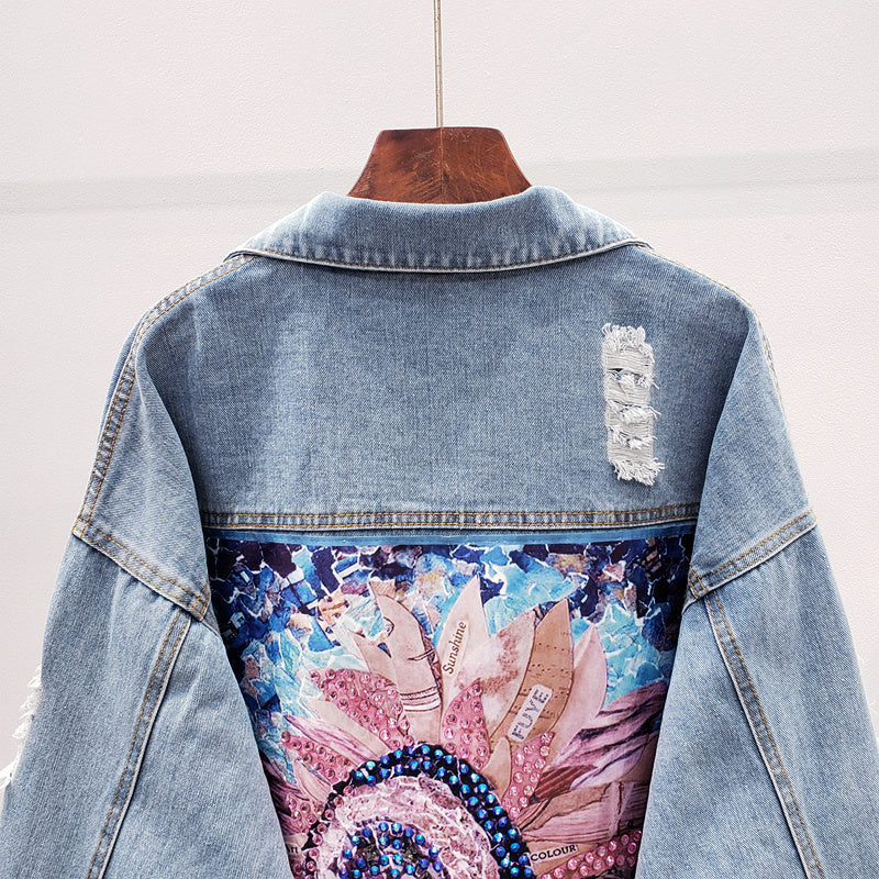 Rhinestone Denim Jacket – Sunflower Back Print Long Sleeve