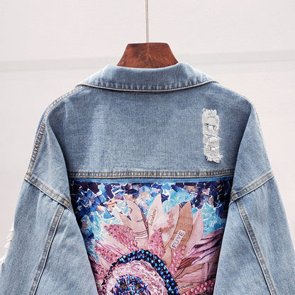Rhinestone Denim Jacket – Sunflower Back Print Long Sleeve