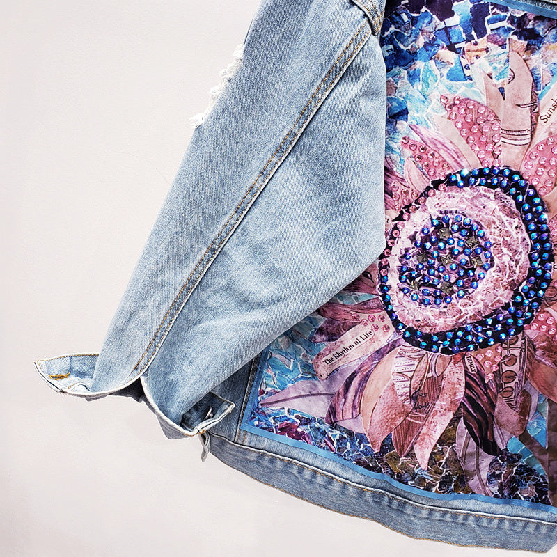 Rhinestone Denim Jacket – Sunflower Back Print Long Sleeve