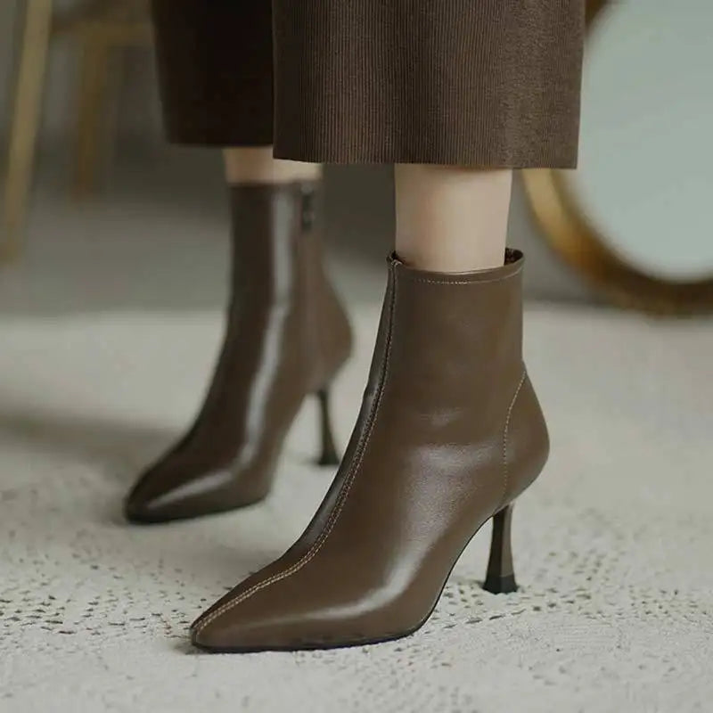Pointed Toe Stiletto Ankle Boots – Leather-Look Zip-Up Heeled Booties