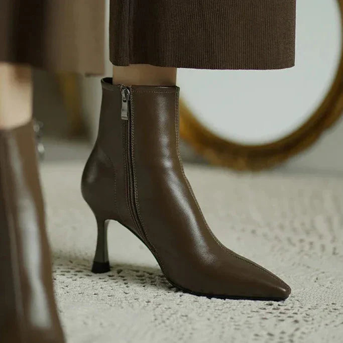Pointed Toe Stiletto Ankle Boots – Leather-Look Zip-Up Heeled Booties