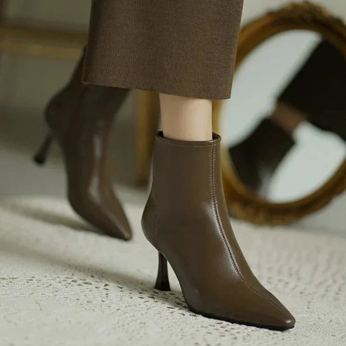 Pointed Toe Stiletto Ankle Boots – Leather-Look Zip-Up Heeled Booties