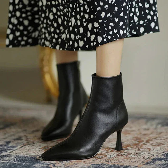Pointed Toe Stiletto Ankle Boots – Leather-Look Zip-Up Heeled Booties