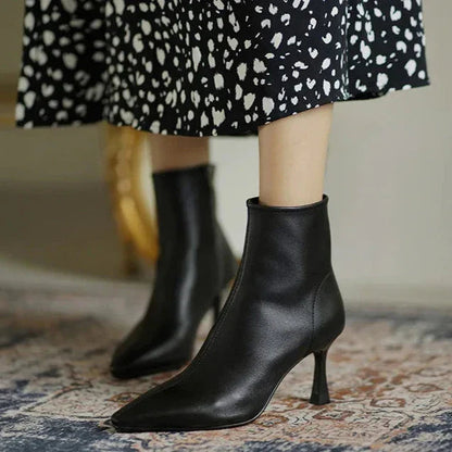 Pointed Toe Stiletto Ankle Boots – Leather-Look Zip-Up Heeled Booties