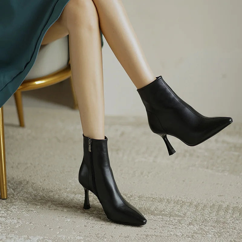 Pointed Toe Stiletto Ankle Boots – Leather-Look Zip-Up Heeled Booties