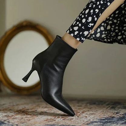 Pointed Toe Stiletto Ankle Boots – Leather-Look Zip-Up Heeled Booties