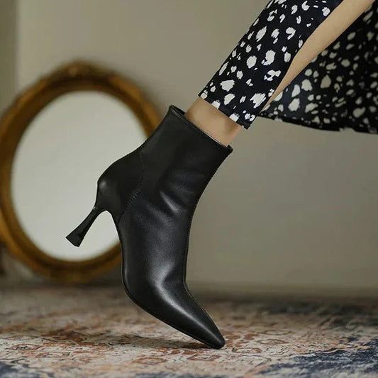 Pointed Toe Stiletto Ankle Boots – Leather-Look Zip-Up Heeled Booties