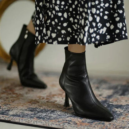 Pointed Toe Stiletto Ankle Boots – Leather-Look Zip-Up Heeled Booties