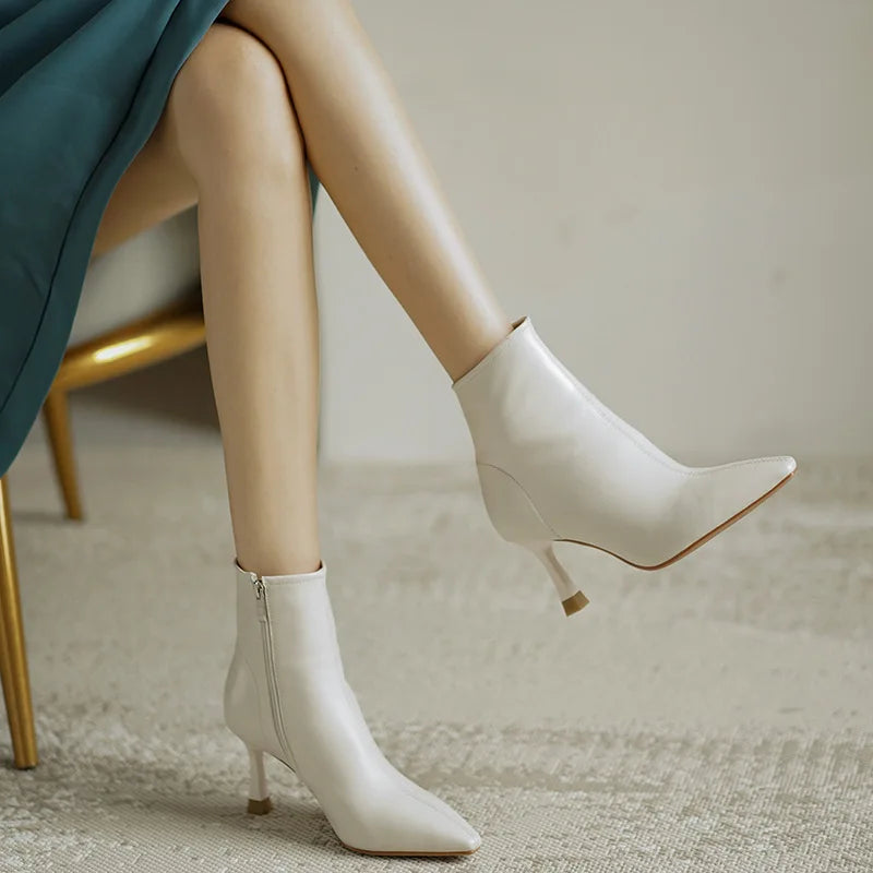Pointed Toe Stiletto Ankle Boots – Leather-Look Zip-Up Heeled Booties