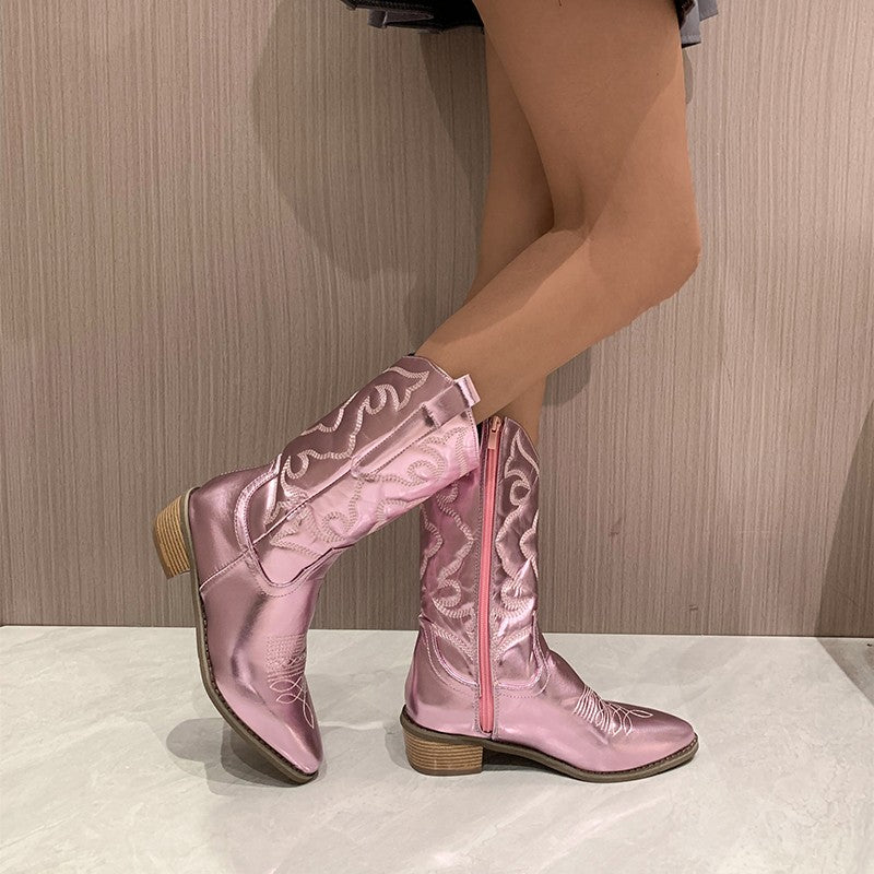 Metallic Cowboy Boots – Embroidered Mid-Calf Western Boots