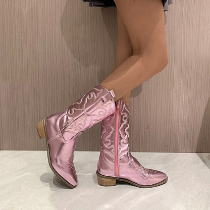 Metallic Cowboy Boots – Embroidered Mid-Calf Western Boots