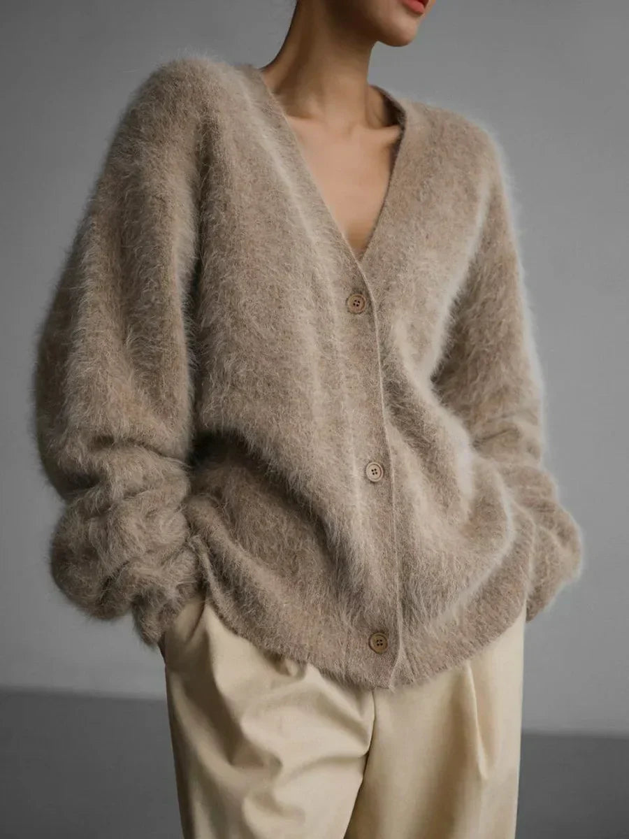 Fluffy Mohair-Look Cardigan – Oversized V-Neck Button-Down Knit