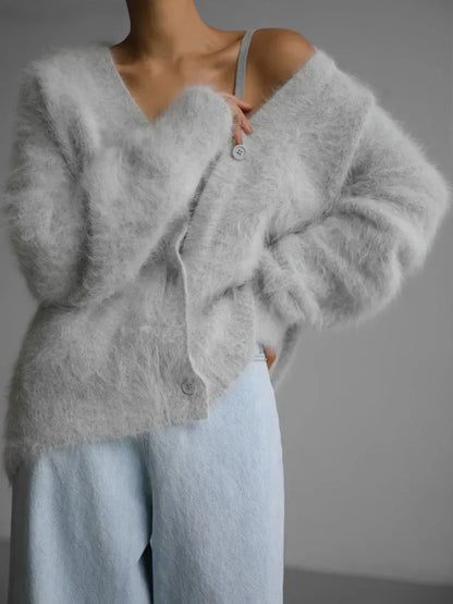 Fluffy Mohair-Look Cardigan – Oversized V-Neck Button-Down Knit