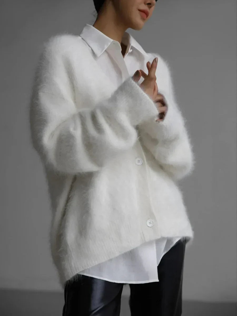 Fluffy Mohair-Look Cardigan – Oversized V-Neck Button-Down Knit