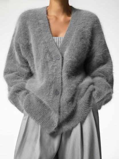Fluffy Mohair-Look Cardigan – Oversized V-Neck Button-Down Knit