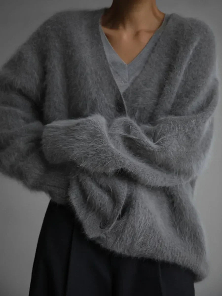Fluffy Mohair-Look Cardigan – Oversized V-Neck Button-Down Knit