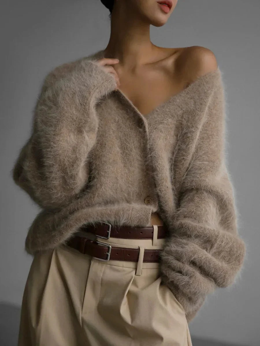 Fluffy Mohair-Look Cardigan – Oversized V-Neck Button-Down Knit