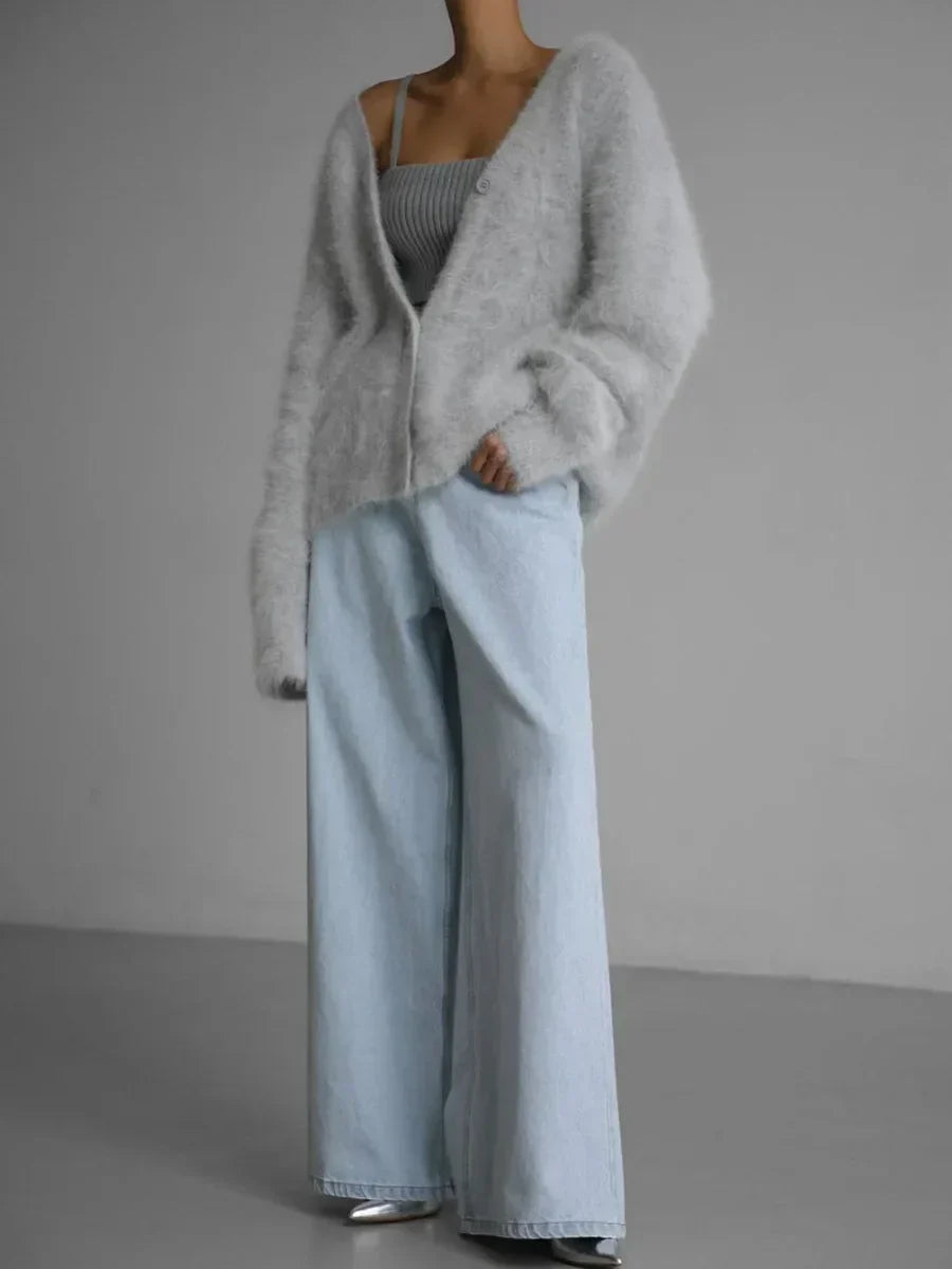 Fluffy Mohair-Look Cardigan – Oversized V-Neck Button-Down Knit